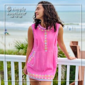 Simply Southern Women XL Embroidered Shift Dress Pink Pockets